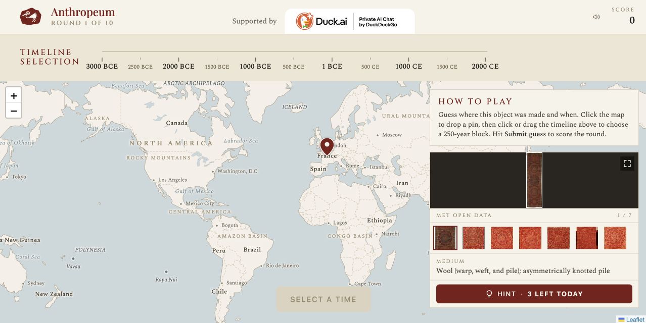 A museum object, a world map, and a timeline.