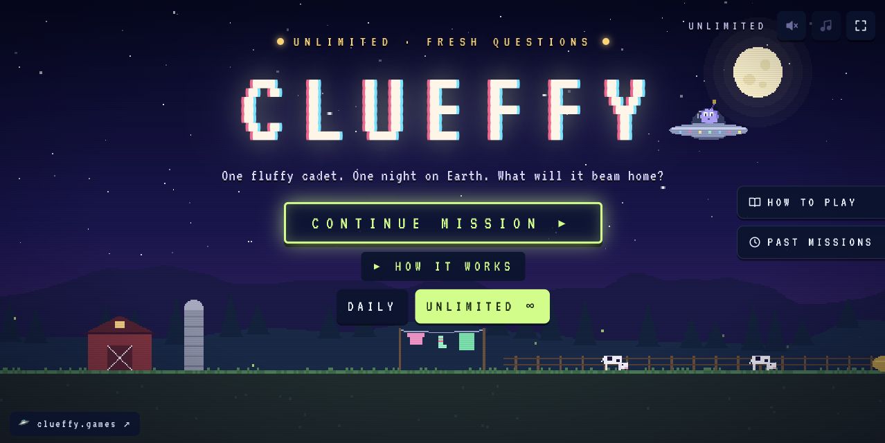 A fluffy alien in a flying saucer, beaming up things from Earth.