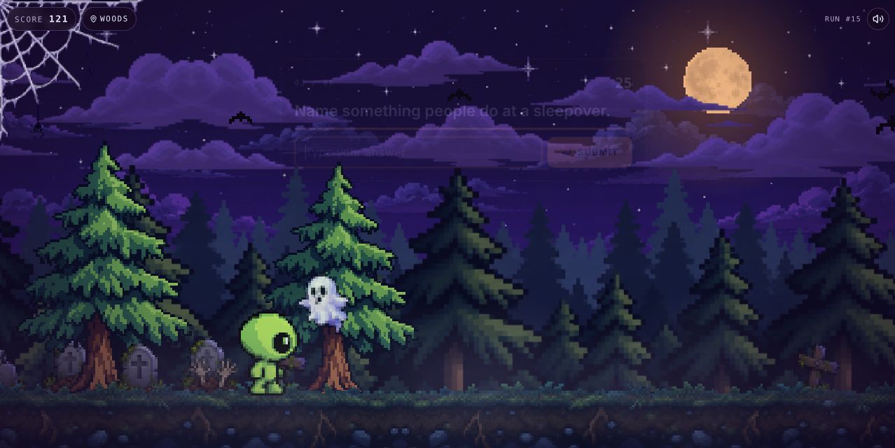 A little alien running across a map to reach its crashed ship.