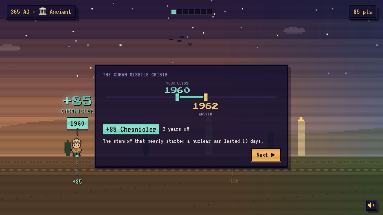 Recorded Eraly result for the Cuban Missile Crisis: guess 1960, answer 1962, 85 points.