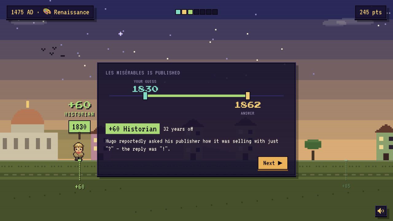 Recorded Eraly result for Les Misérables publication: guess 1830, answer 1862, 60 points.
